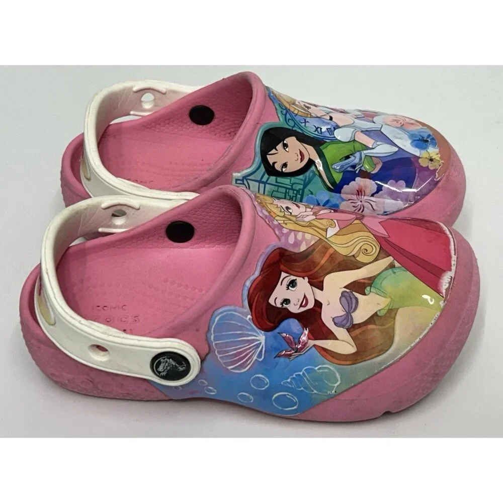 Disney princess Crocs Girls Size C10 Pink Classic Clogs Youth Ariel Rupunzel